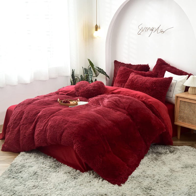 MorroMorn 5 PCS Shaggy Duvet Cover Bedding Set - Fluffy Comforter Cover Long Faux Fur Luxury Ultra Soft Cozy (Dark Red, Full/Queen) - Image 5